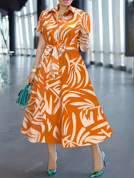 More Fashion Tropical Orange Button Down Shirt Dress with Belt Midi Length